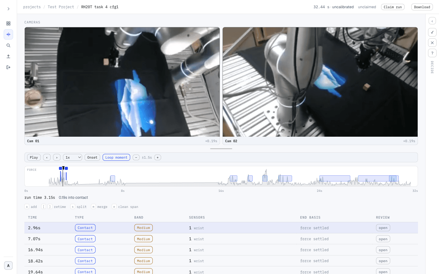 Review Room mid-review: two synced cameras over the rig, the loop transport with a plus-minus 1.5 second pad, the force strip with event spans, and the events ledger, each contact event carrying a Medium band, one wrist sensor, and a force-settled end basis